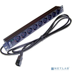 Блок розеток 19" 9 шт. без выключателя, 10A 250V, шнур питания с вилкой C14, 3.0 м