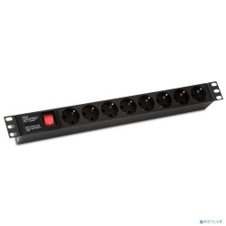 Hyperline SHE19-8SH-S-IEC Блок розеток для 19" шкафов, горизонтальный, с выключателем с подсветкой, 8 розеток Schuko (10А), 250В, без кабеля питания, входная розетка IEC 60320 C14, 482.6х44.4х44.4мм