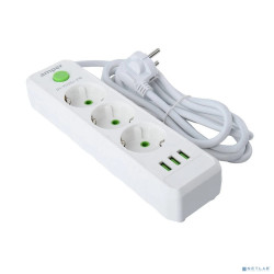 Amper сетевой удлинитель, 4,0м, 3 розетки, 10А, 2500 Вт, 3usb, белый. [JH-1031U-4W]