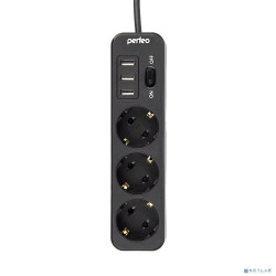 Perfeo сетевой фильтр "POWER STREAM", 2500W, двойная защита, 2м, 3 розетки, 3 USB, черный.