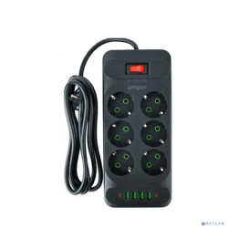 Amper сетевой удлинитель, 2,0м, 6 розеток, 10А, 2500 Вт, 4usb,2Type-C, черный. [JH-1076U-2B]