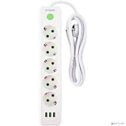 Amper сетевой удлинитель, 4,0м, 5 розеток, 10А, 2500 Вт, 3usb, белый. [JH-1033U-4W]