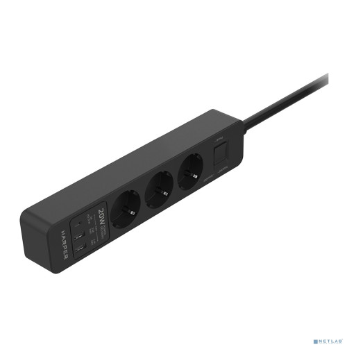 Harper Сетевой фильтр с USB зарядкой UCH-350 Black PD3.0 (3 роз.,1,5м., 2xUSB+1xType-C портами, 4000W) {H00003196}