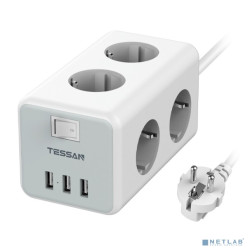 TESSAN TS-306 Grey Сетевой фильтр с 6 розетками 220В и 3 USB портами и кнопкой питания {80001847}