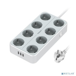 TESSAN TS-304 Grey Сетевой фильтр с 8 розетками 220В и 3 USB портами и кнопкой питания {80001876}