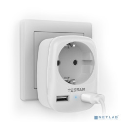 TESSAN TS-611-DE White Сетевой фильтр с 1 розеткой 220В и 2 USB портами {80001854}