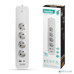 Camelion Умный сетевой фильтр SZD/SH/4x1,5/WIFI (Сетевой фильтр 4гн.1,5м.,16A 4000В, USB+Type-С, WiFi+ Счетчик)