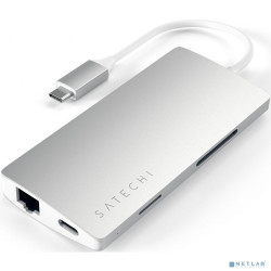 Satech [ST-TCMA2S] Адаптер USB Aluminum Multi-Port Adapter V2. Интерфейс USB-C. 3 порта USB 3.0, 1 порт 4K HDMI,  1 порт Ethernet RJ-45, SD/micro-SD кардридер. Цвет серебряный.