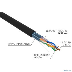 Rexant (02-0027-R) Кабель витая пара F/UTP, CAT 5e, PE, 4х2х0,52 мм, 24AWG, OUTDOOR, SOLID, черный, 305м, РФ