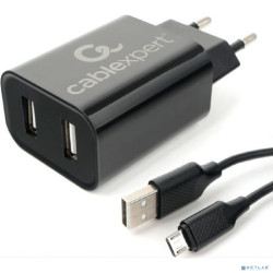 Cablexpert Зарядное устройство 12Вт, 2.4А, 2xUSB, кабель Micro USB 1м, черный, коробка-блистер (MP3A-PC-35	)
