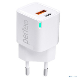 PERFEO Сетевое зарядное устройство с двумя разъемами USB-A+TYPE-C, GaN, 20W, белый (I4652)