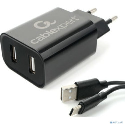 Cablexpert Адаптер питания USB 2 порта, 2.4A, черный + кабель 1м Type-C (MP3A-PC-37)