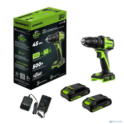 Greenworks DD345, 24V, Дрель-шуруповерт аккумуляторная, бесщеточная, 27/45 Нм,13мм,2х2Ач,ЗУ,кор  [3708307CUC]